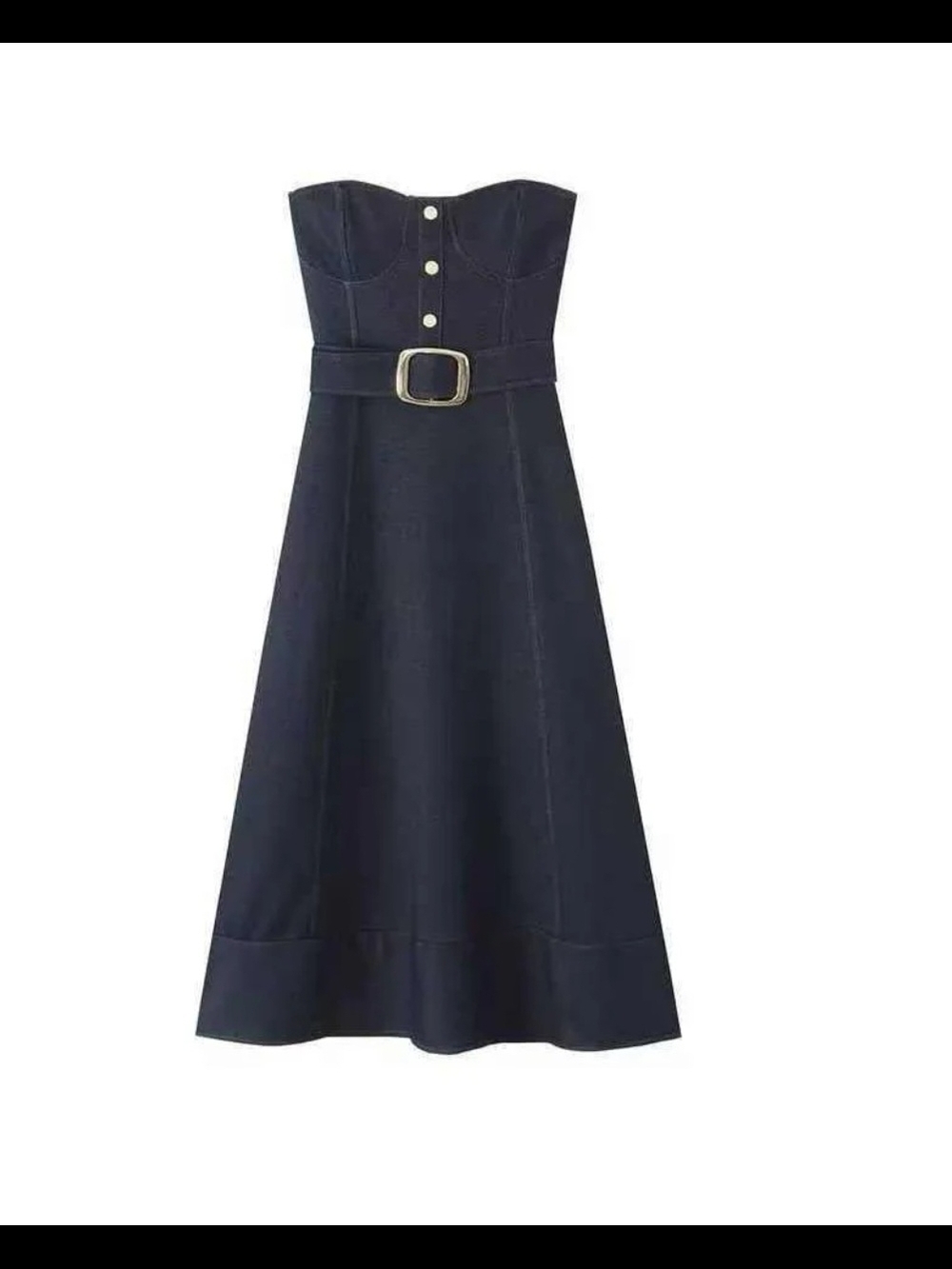 ZARA Strapless Navy Faux Denim Midi Dress with Belt - MISSING BELT - Picture 4 of 7